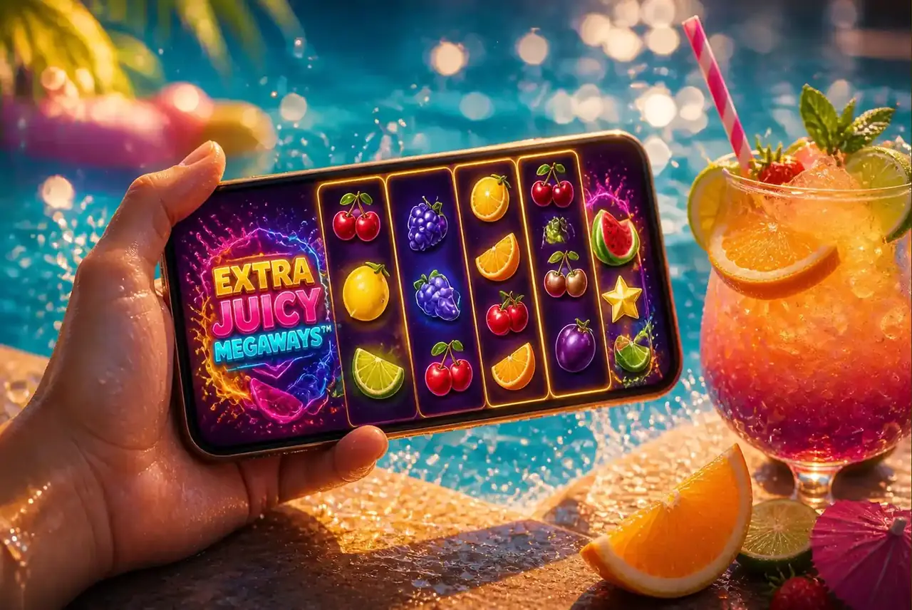 Extra Juicy Megaways на телефоне у бассейна с фруктовым коктейлем