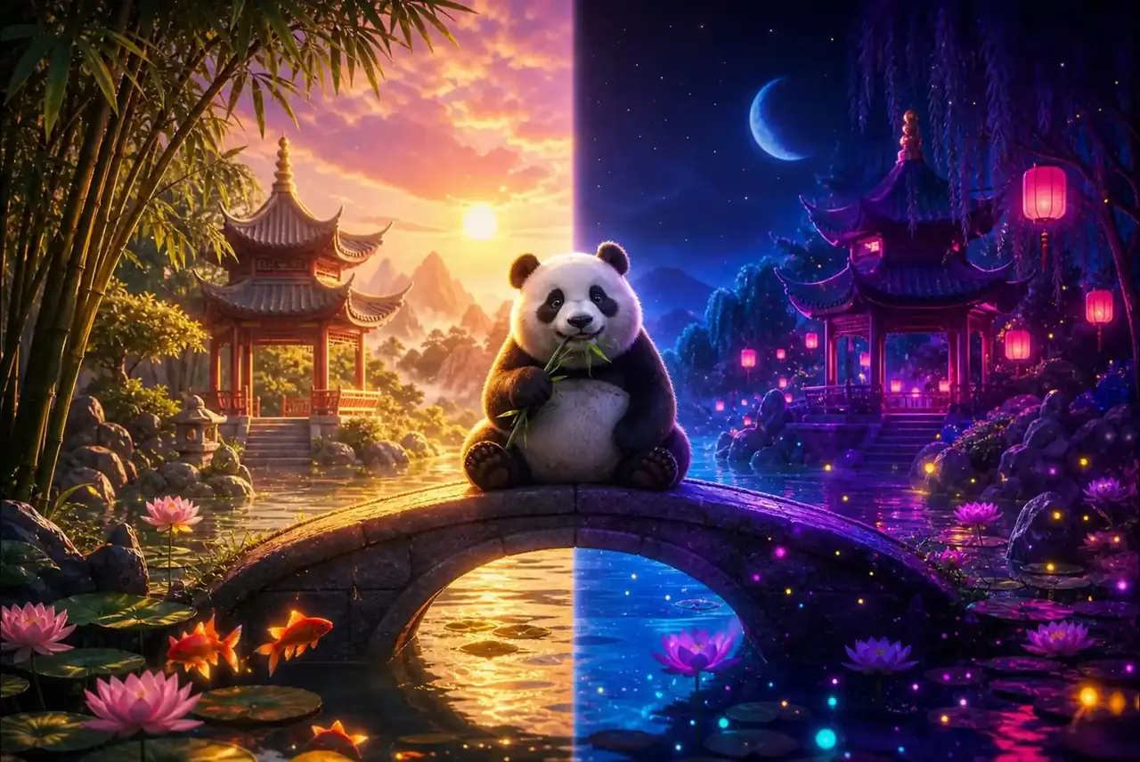 Долина Fat Panda днём и ночью: пагоды, лотосы и фонари