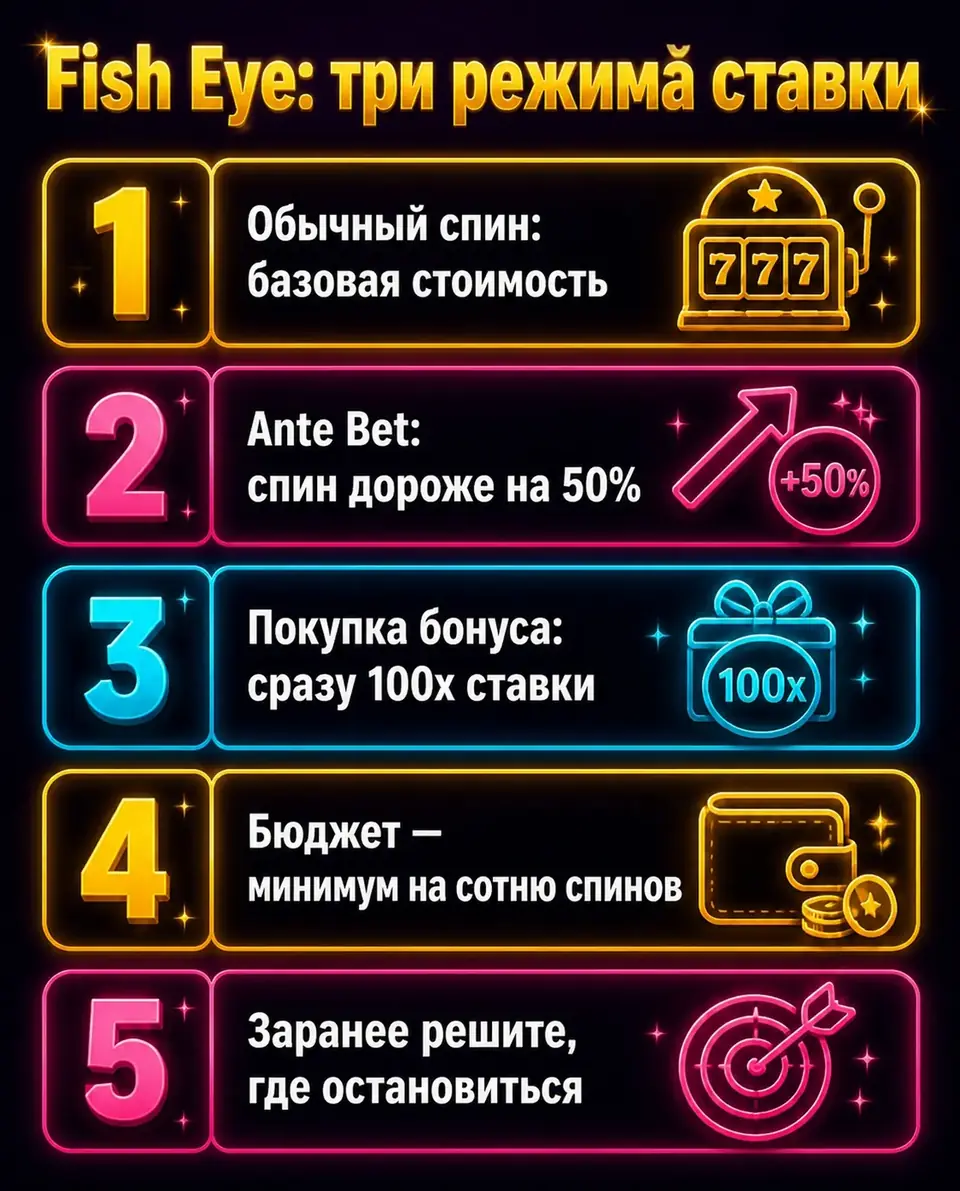 Сравнение обычной ставки, Ante Bet и покупки бонуса в Fish Eye