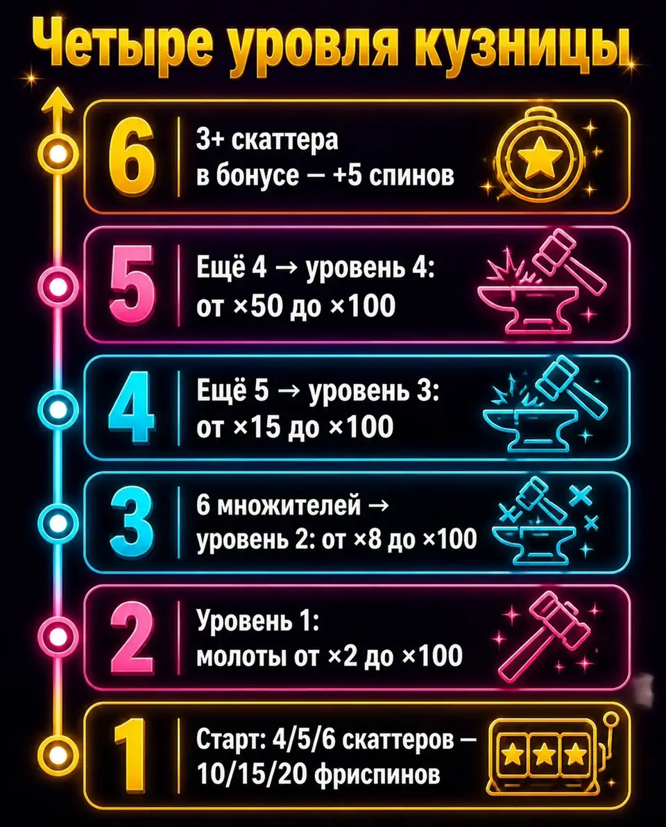 Лестница уровней бонуса Forge of Olympus с растущими множителями
