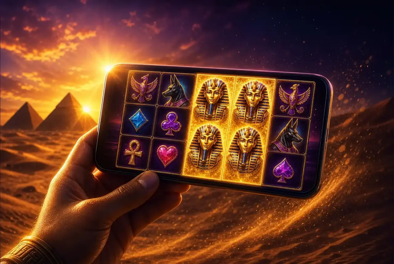 Смартфон со слотом Fortune of Giza на фоне пирамид