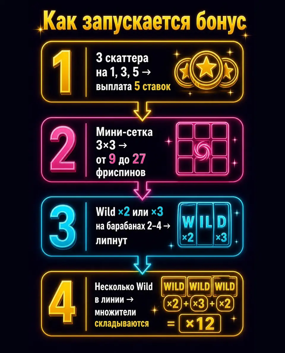 Схема запуска бонуса Fortune of Giza с мини-сеткой 3×3