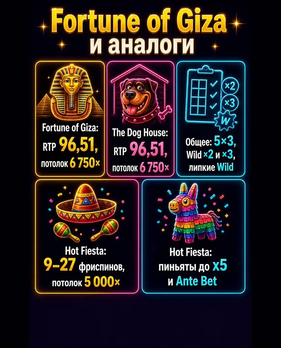Сравнение Fortune of Giza с The Dog House и Hot Fiesta