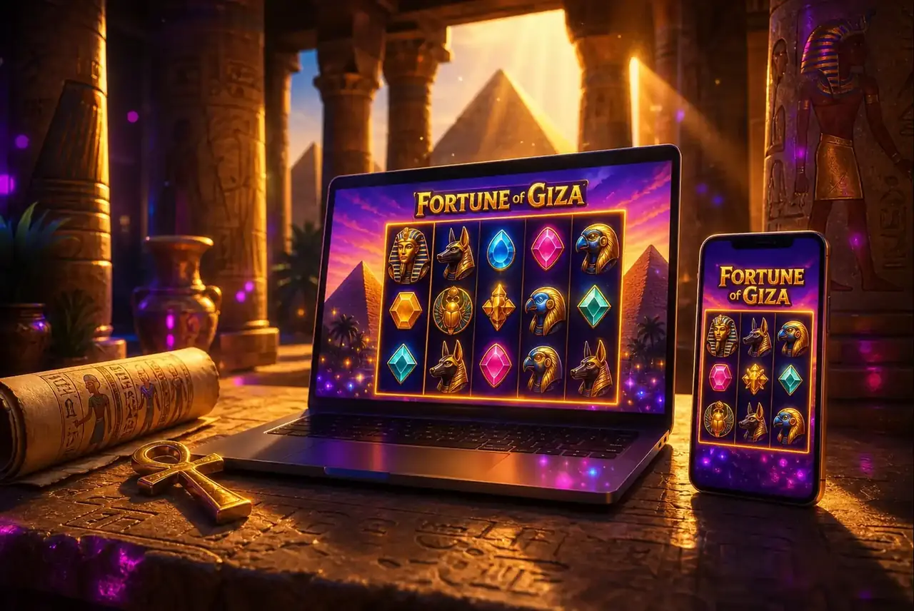 Ноутбук и телефон с игрой Fortune of Giza в храмовом зале