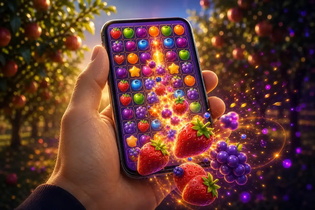 Смартфон в саду со слотом Fruit Party 2 и падающими фруктами
