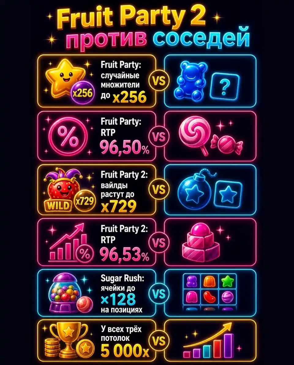 Сравнение Fruit Party 2, Fruit Party и Sugar Rush