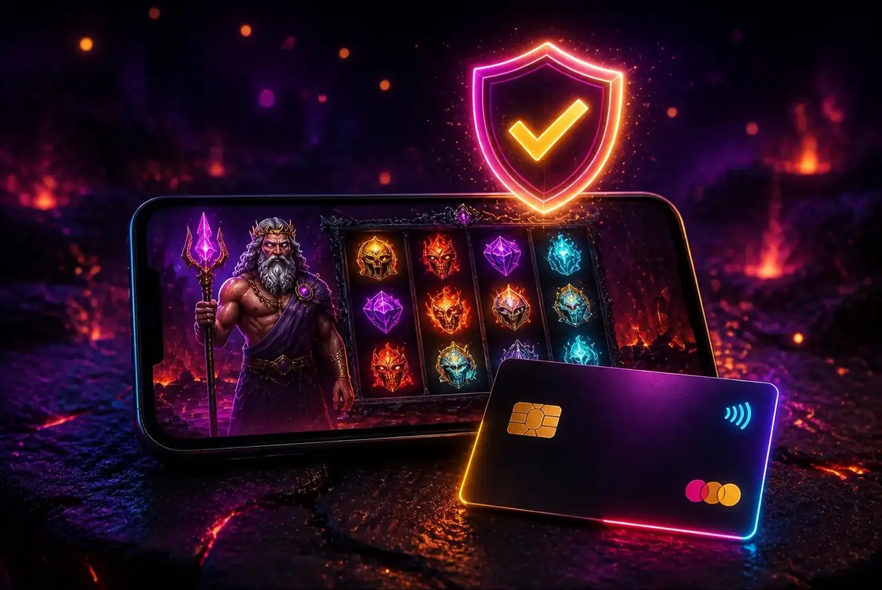Смартфон с Gates of Hades и банковская карта на каменном столе