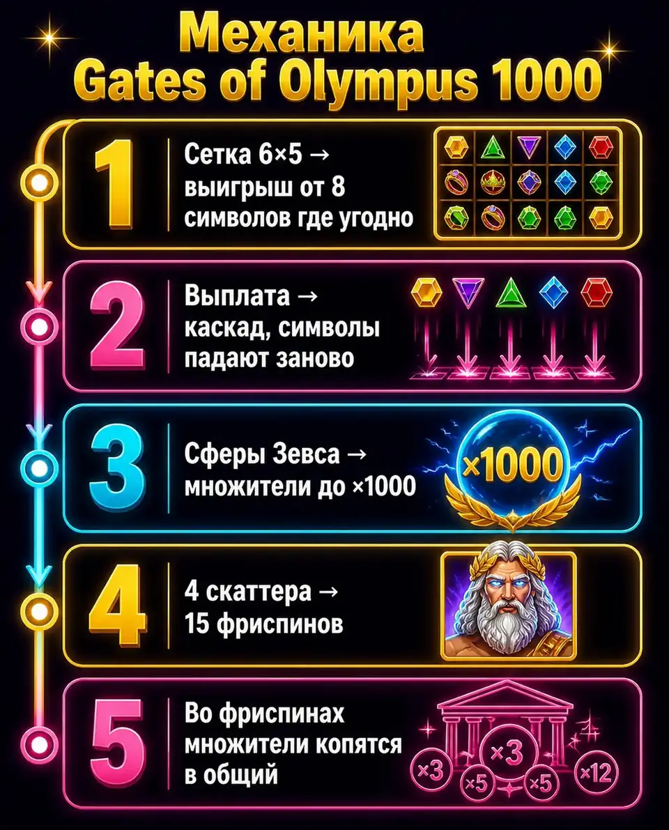 Схема механики Gates of Olympus 1000: каскады, сферы и фриспины