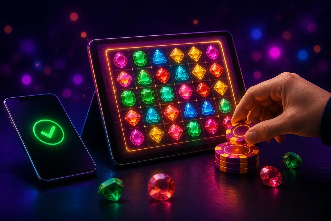 Подготовка к игре: фишки, планшет с Gems Bonanza и подтверждённый аккаунт