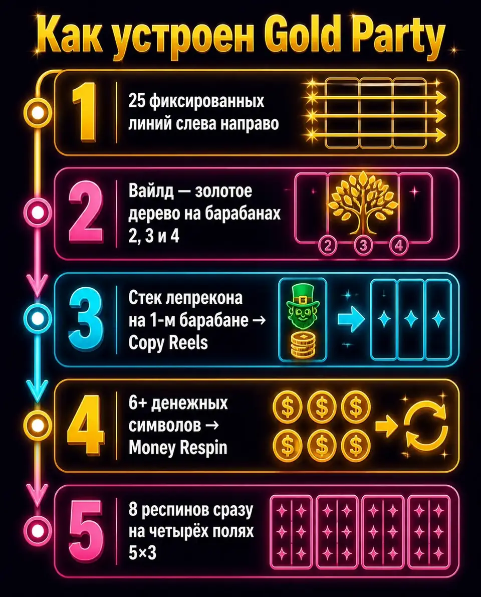 Схема механики Gold Party: вайлд, Copy Reels и запуск Money Respin