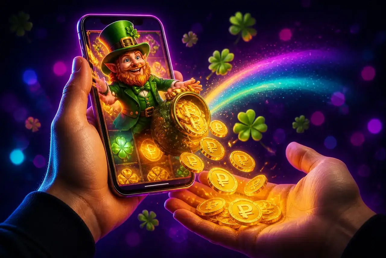 Золотые монеты сыплются из смартфона со слотом Gold Party в ладонь