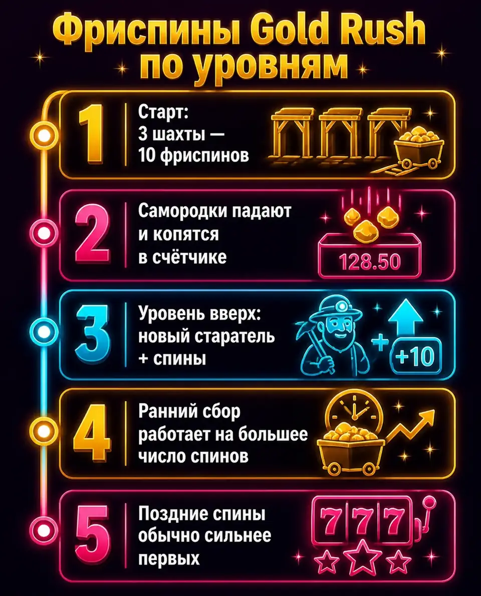 Таймлайн фриспинов Gold Rush: сбор самородков и уровни