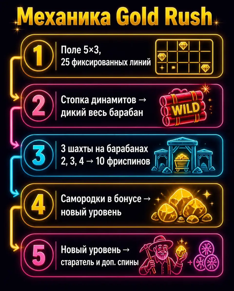 Схема механики слота Gold Rush: динамиты, шахты и самородки
