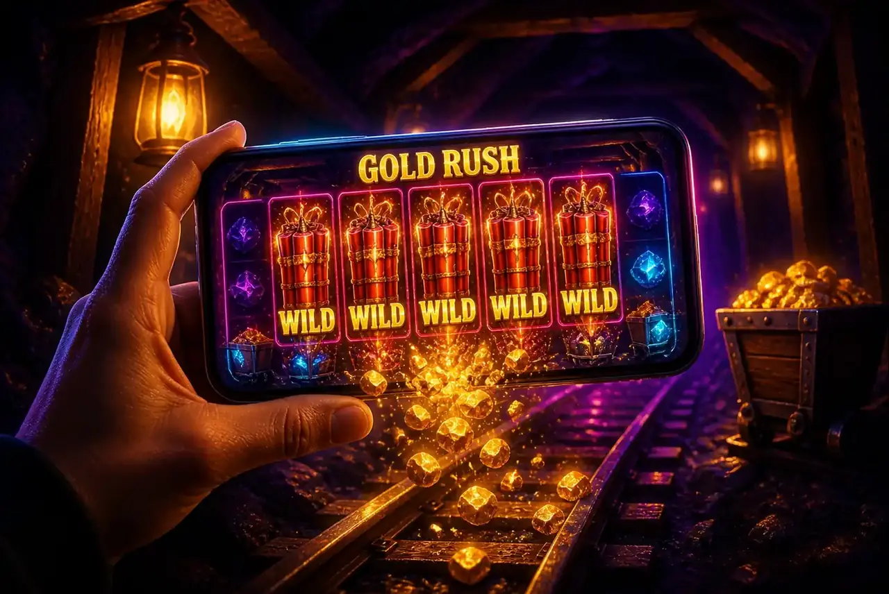 Слот Gold Rush на смартфоне в шахтёрском тоннеле