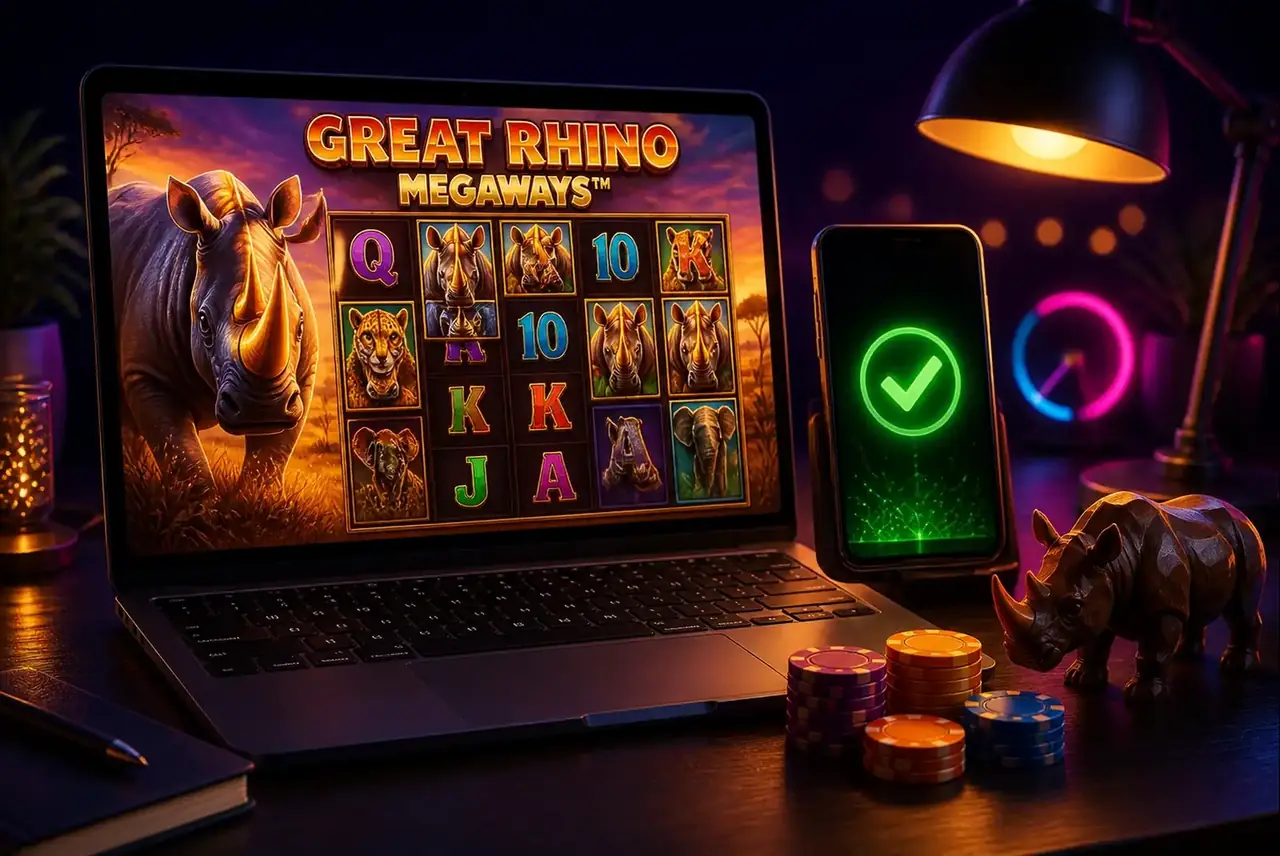 Подготовка к игре в Great Rhino Megaways: ноутбук, телефон и фишки