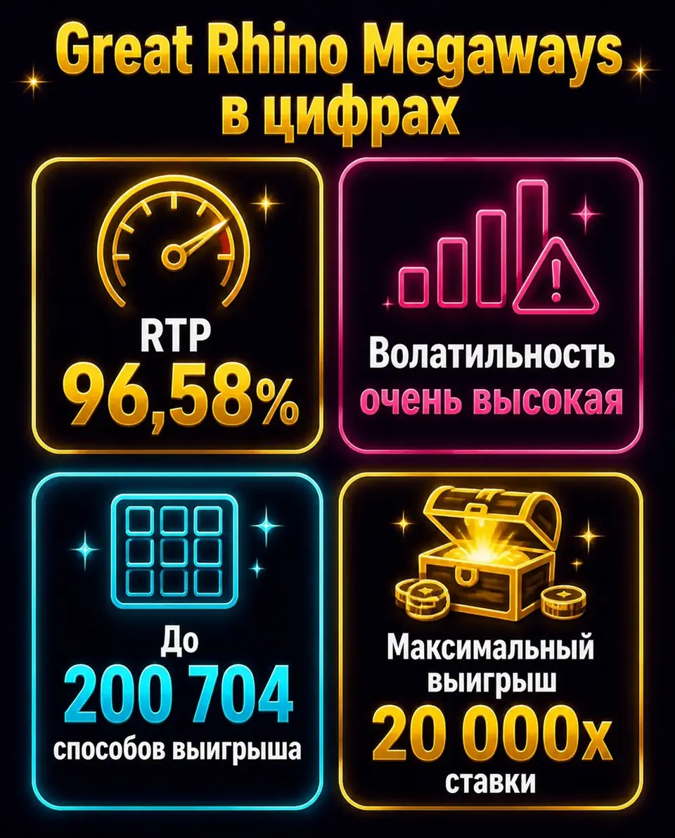 Главные цифры слота Great Rhino Megaways в четырёх карточках