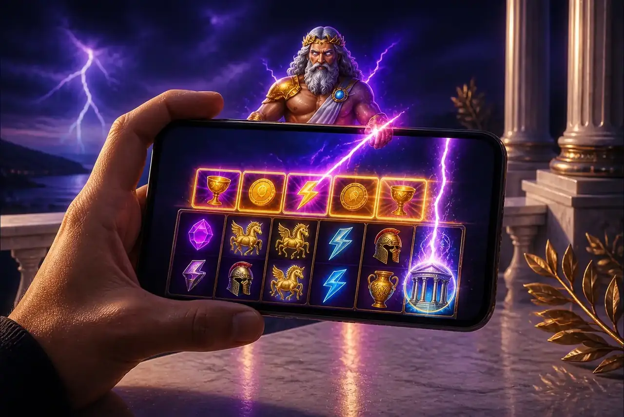 Слот Greek Gods на смартфоне на фоне мраморных колонн
