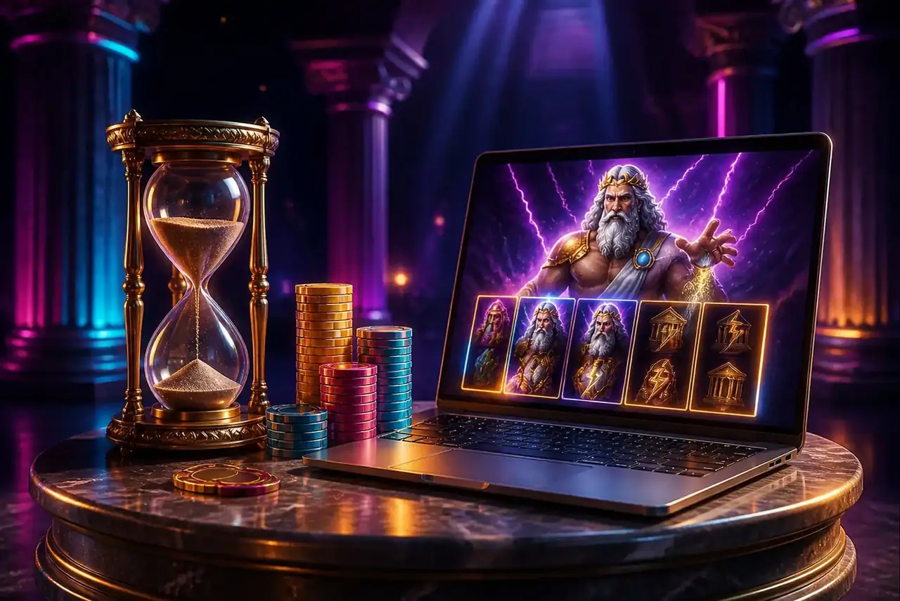Песочные часы и фишки у ноутбука с Greek Gods — бюджет игры