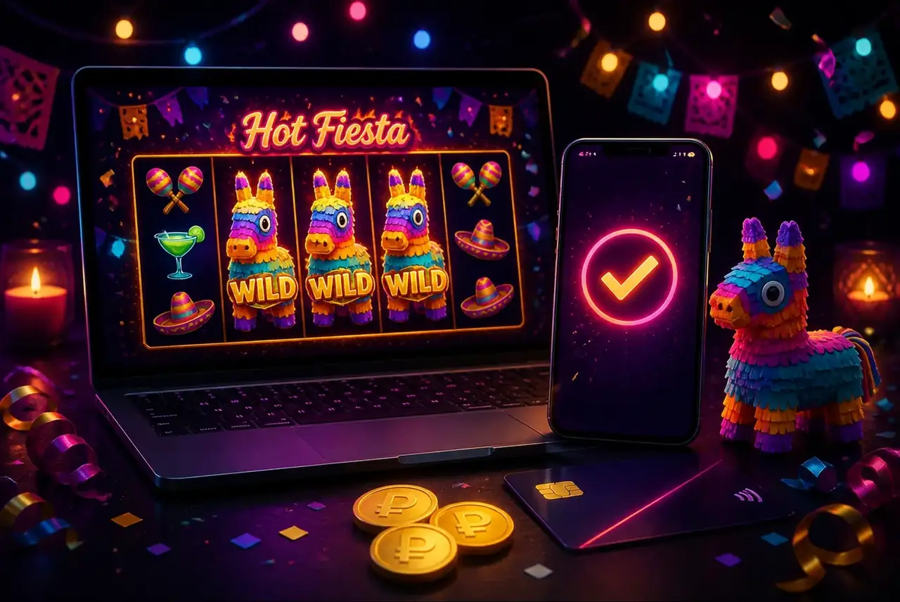 Начало игры в Hot Fiesta: ноутбук, смартфон и пиньята на столе