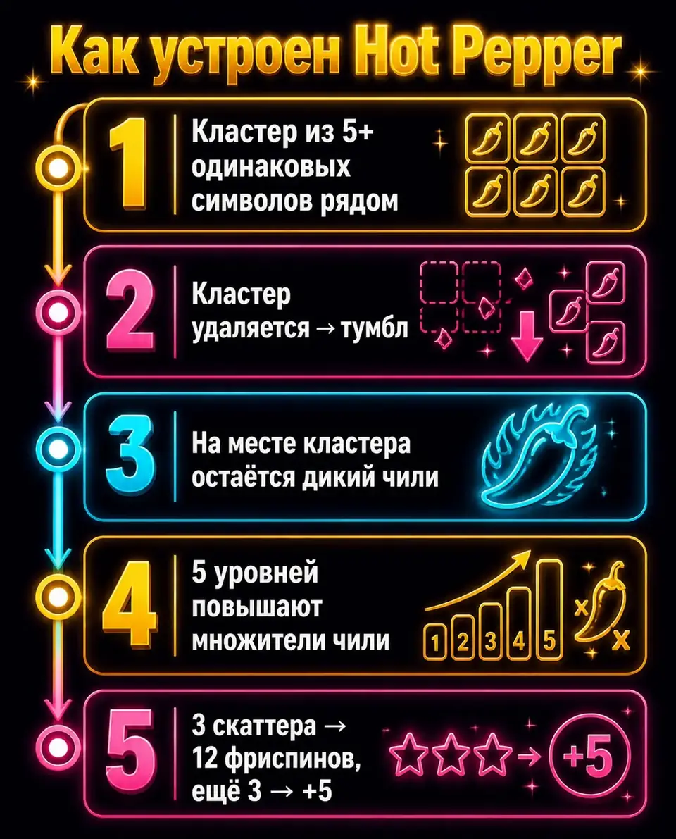 Схема кластеров, тумблов и диких чили в Hot Pepper
