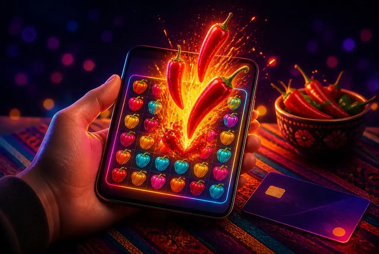 Запуск Hot Pepper на смартфоне, перцы вылетают из экрана