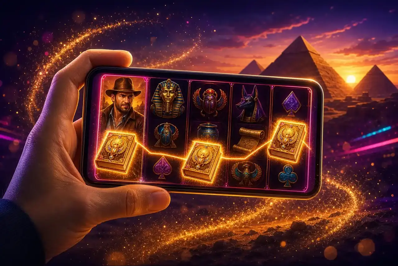 Смартфон в пустыне со слотом Book of Tut и подсвеченной линией
