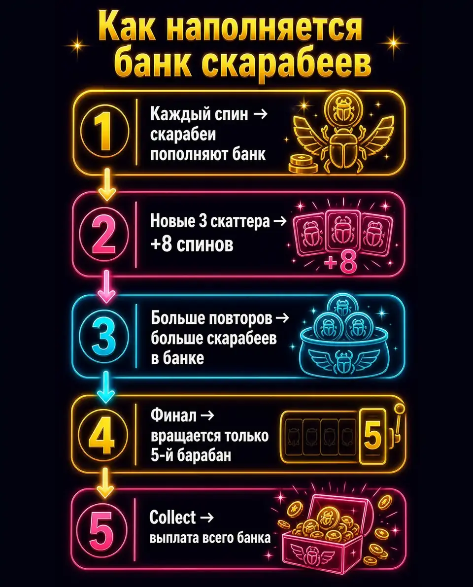 Схема накопления бонусного банка в John Hunter and the Tomb of the Scarab Queen