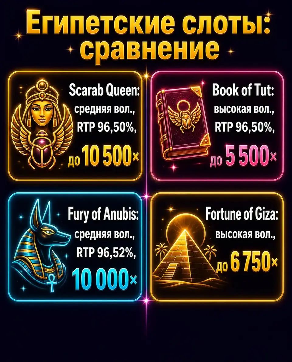 Сравнение Scarab Queen с Book of Tut, Fury of Anubis и Fortune of Giza