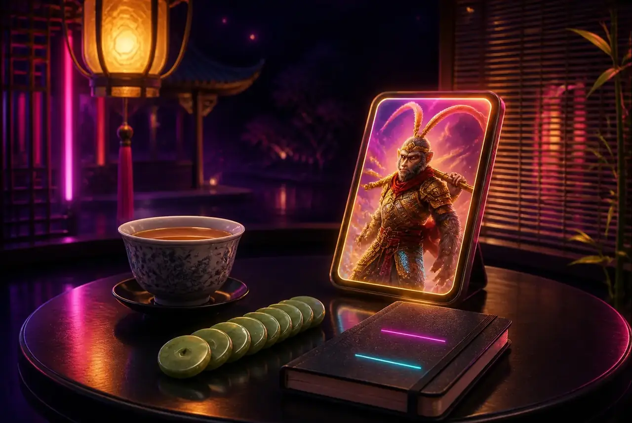Стол в китайском павильоне с фишками и телефоном со слотом Journey to the West