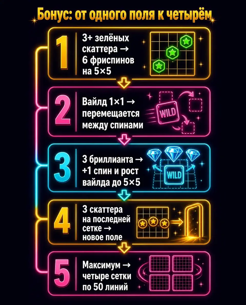 Схема бонуса Juicy Fruits Multihold с ростом вайлда и полей
