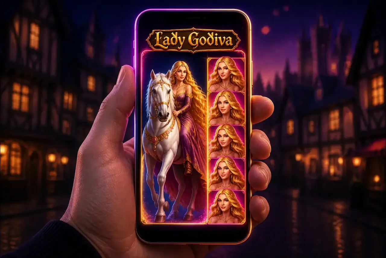 Слот Lady Godiva на экране смартфона в руке