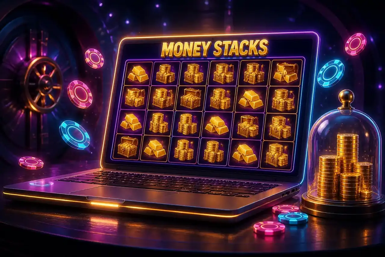 Демо-версия Money Stacks на ноутбуке в стилизованном хранилище