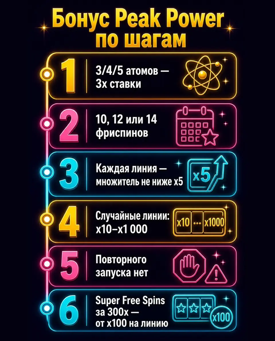 Шаги бонусного раунда Peak Power с множителями на линиях