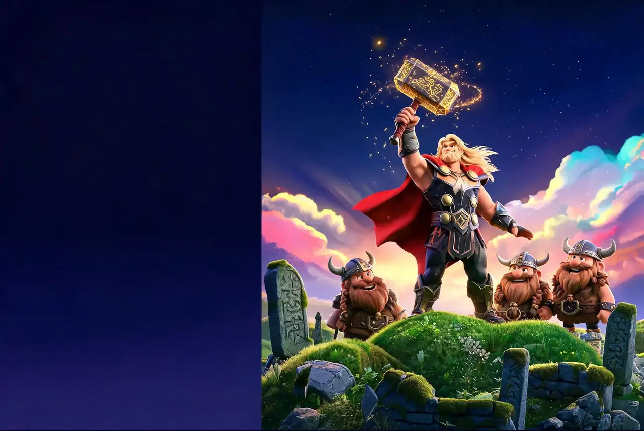 Тор с молотом Мьёльнир над холмами Мидгарда — Power of Thor Megaways