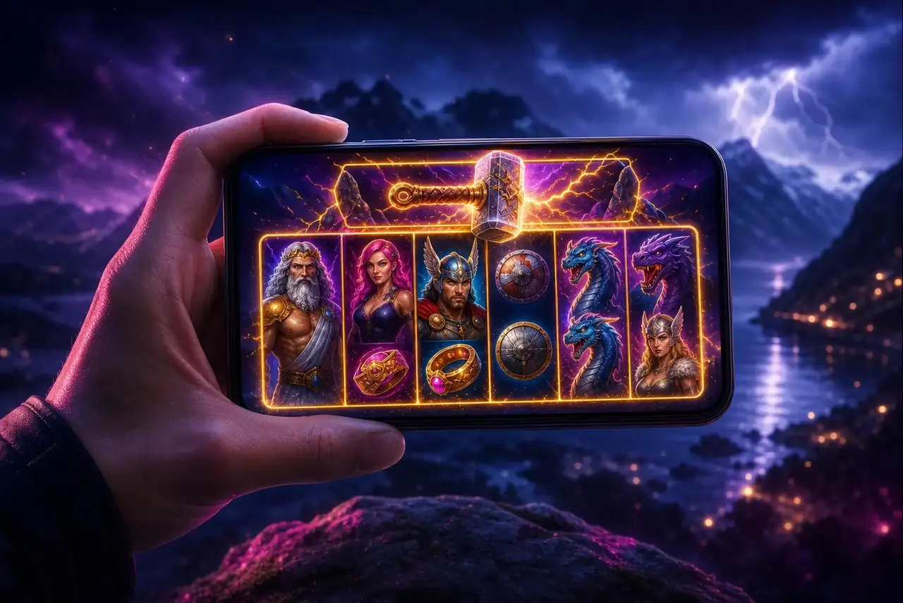 Power of Thor Megaways на смартфоне на фоне фьорда