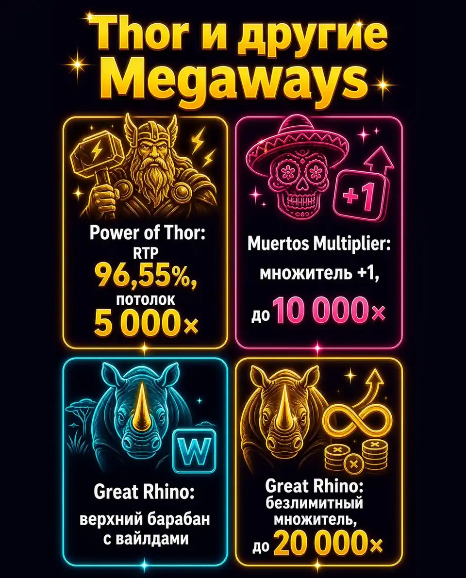 Сравнение Power of Thor Megaways с Muertos Multiplier и Great Rhino Megaways