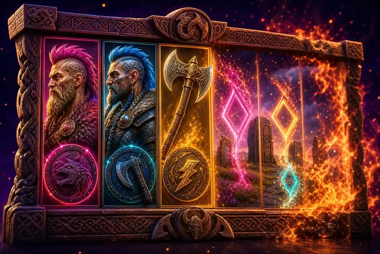 Деревянная рама, руны и викинги в графике Power of Thor Megaways