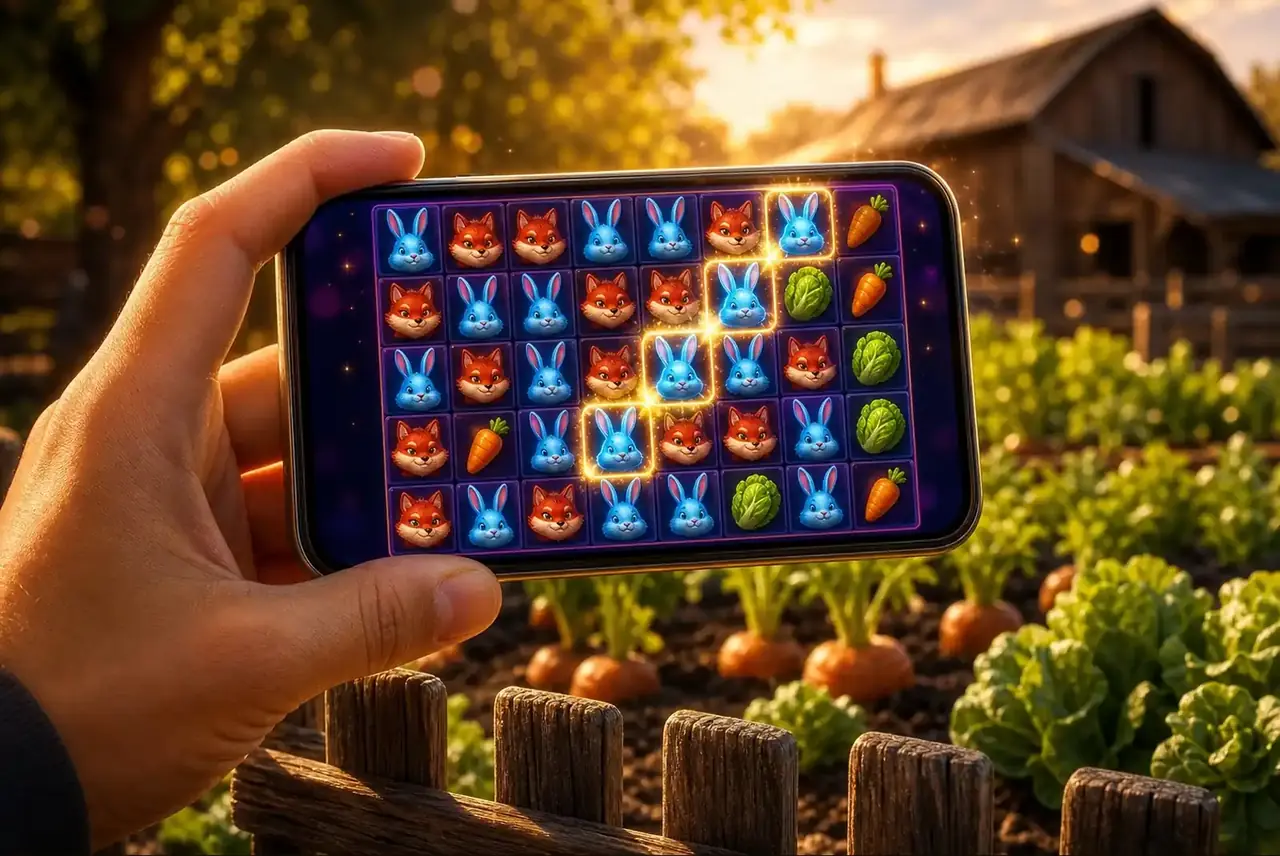 Смартфон со слотом Rabbit Garden у забора деревенского огорода