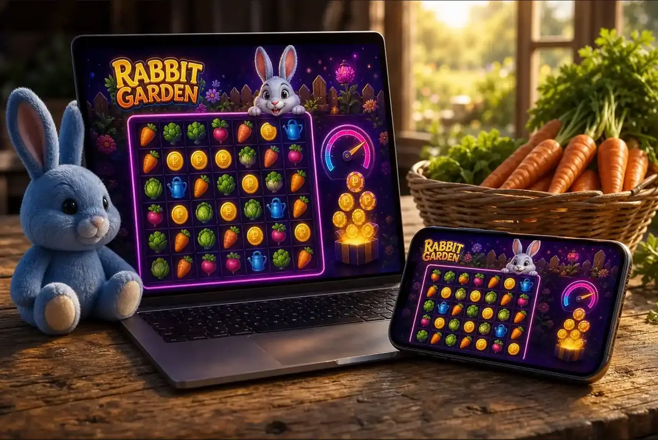 Ноутбук и смартфон с демо Rabbit Garden на деревенском столе