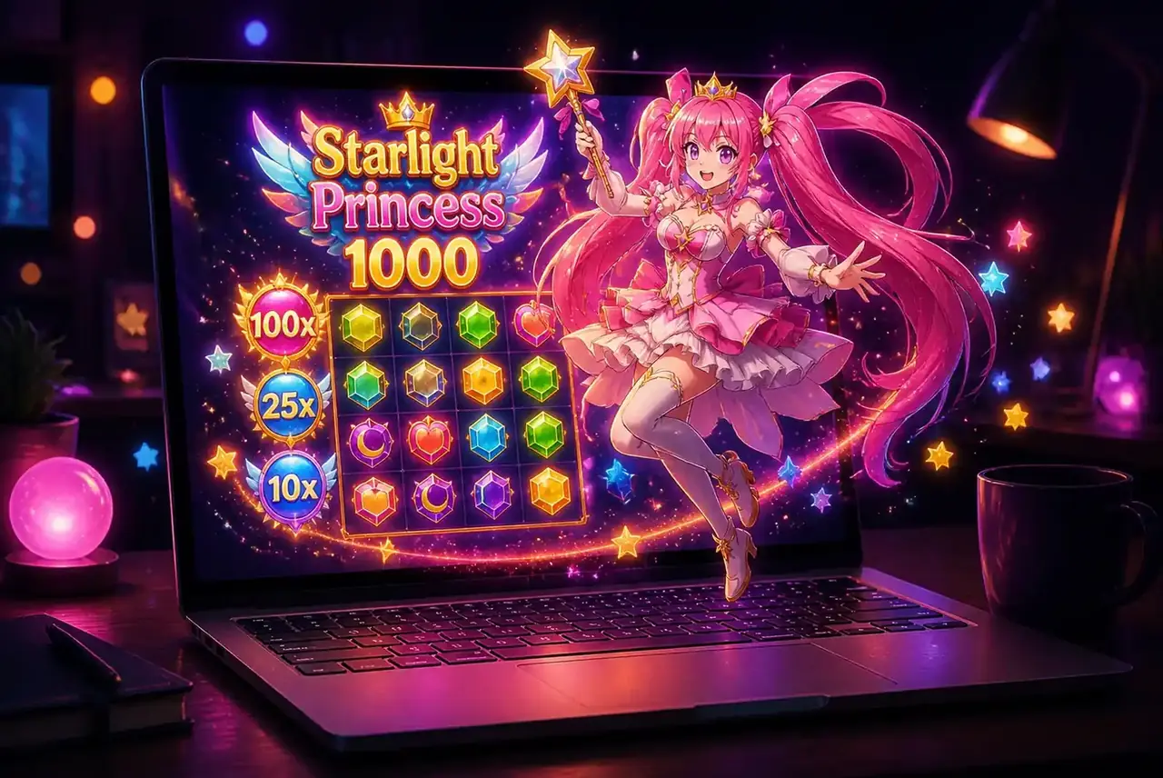 Ноутбук с демо Starlight Princess 1000 и аниме-принцессой