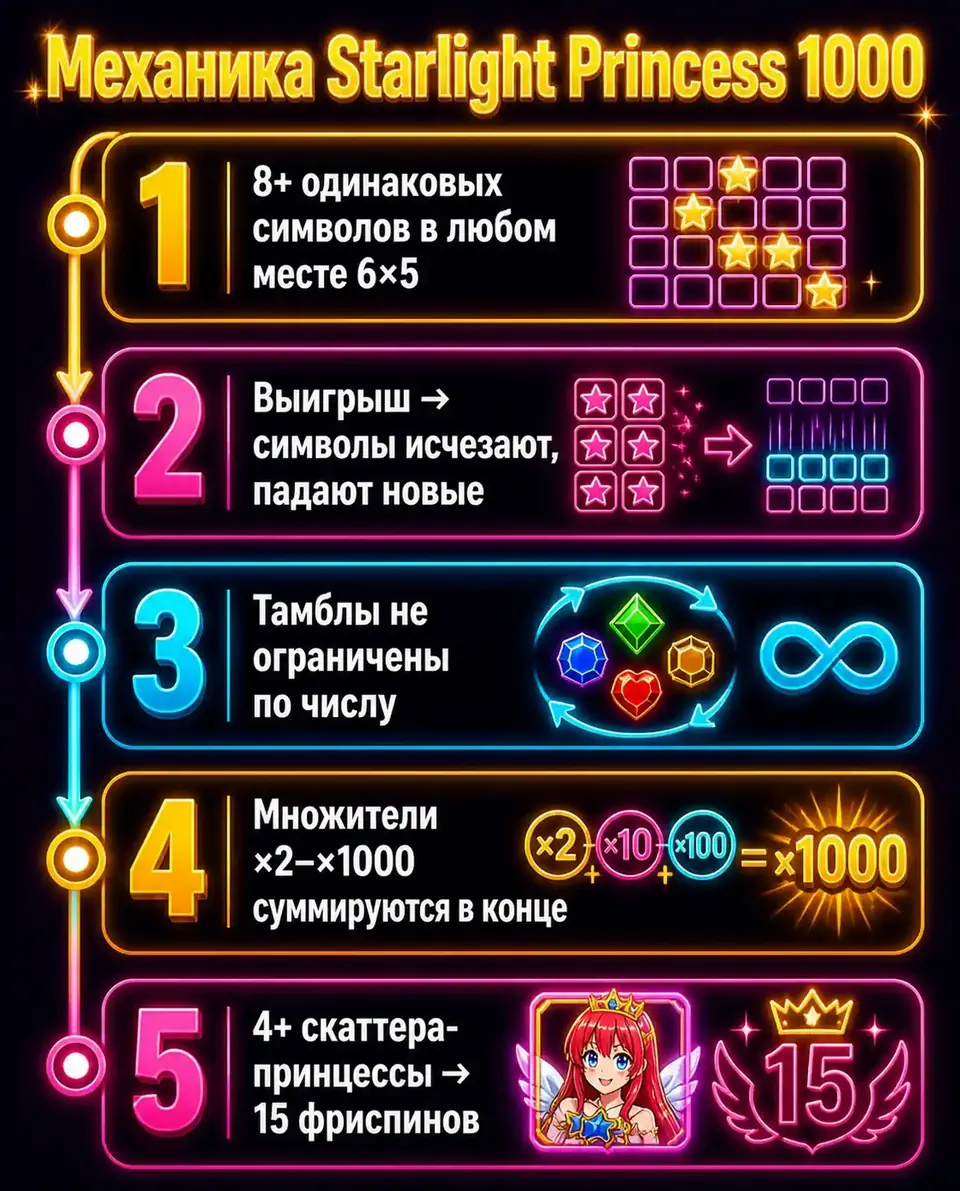 Схема тамблов и множителей в Starlight Princess 1000