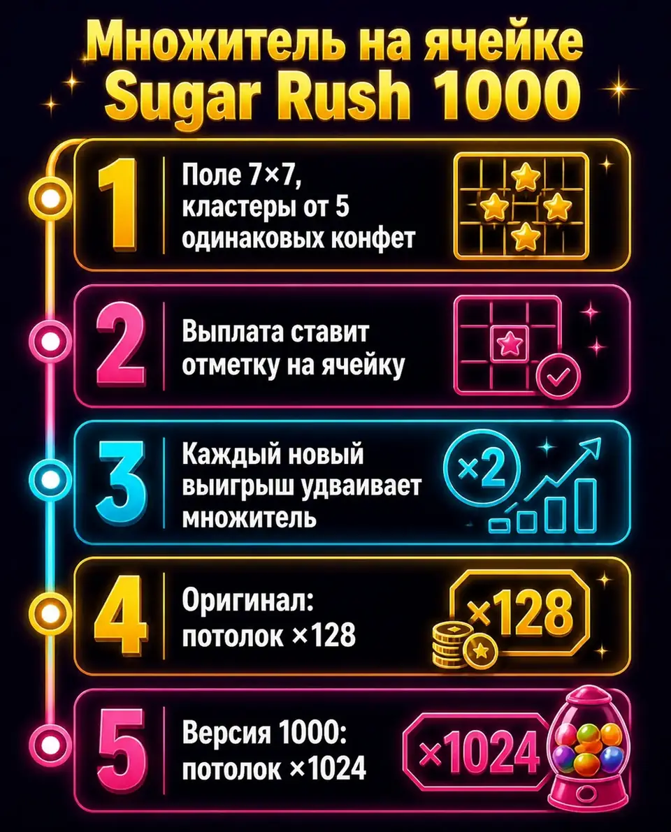 Лестница множителей ячеек Sugar Rush 1000 до ×1024