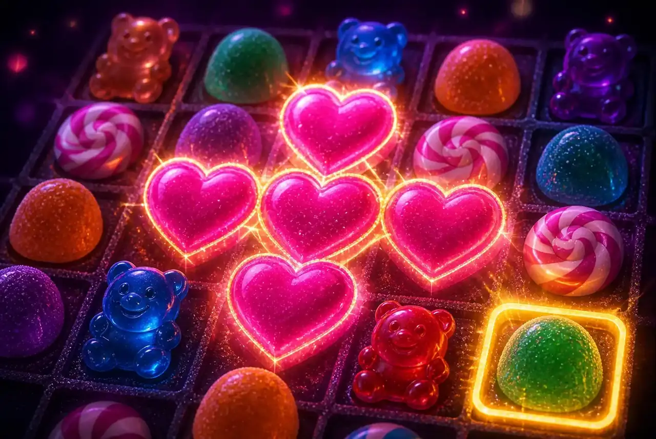Кластер из пяти одинаковых конфет и символы слота Sugar Rush 1000