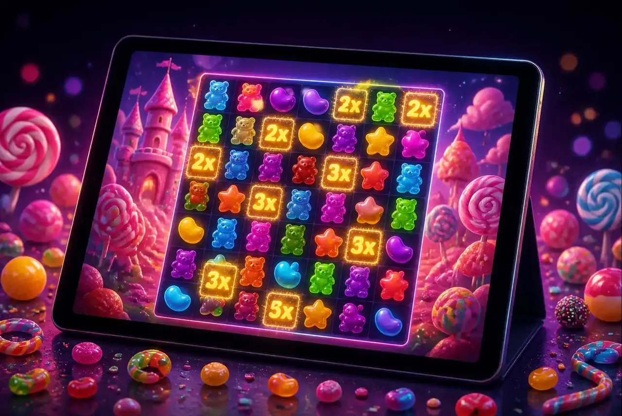Демо Sugar Rush на планшете: сетка 7×7 с конфетами