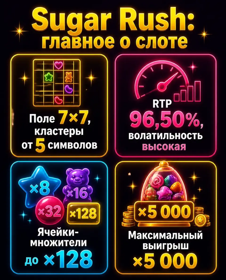Основные параметры слота Sugar Rush от Pragmatic Play в карточках