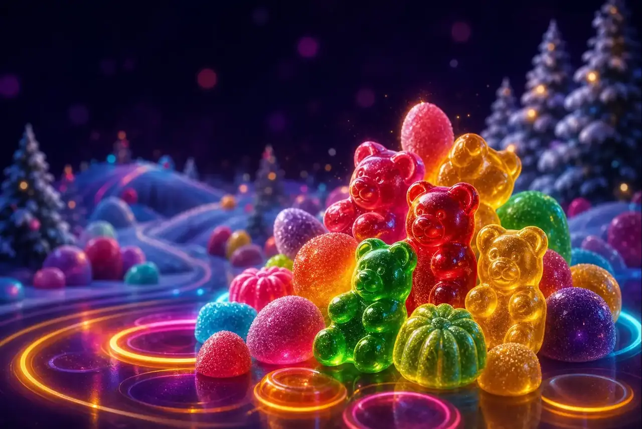 Сладости на фоне снежного пейзажа в оформлении Sugar Rush Xmas