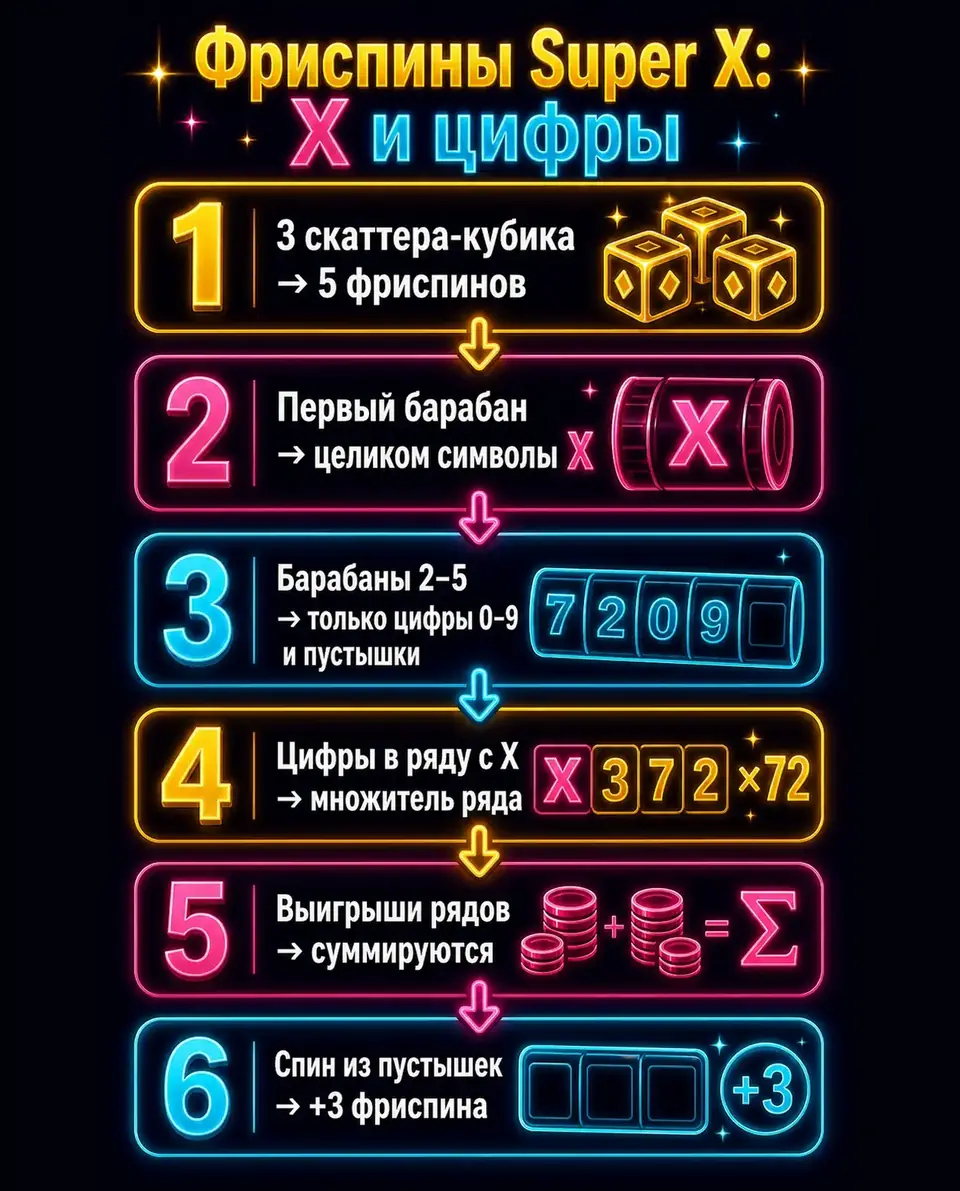 Схема фриспинов Super X: символы X и цифры множителя
