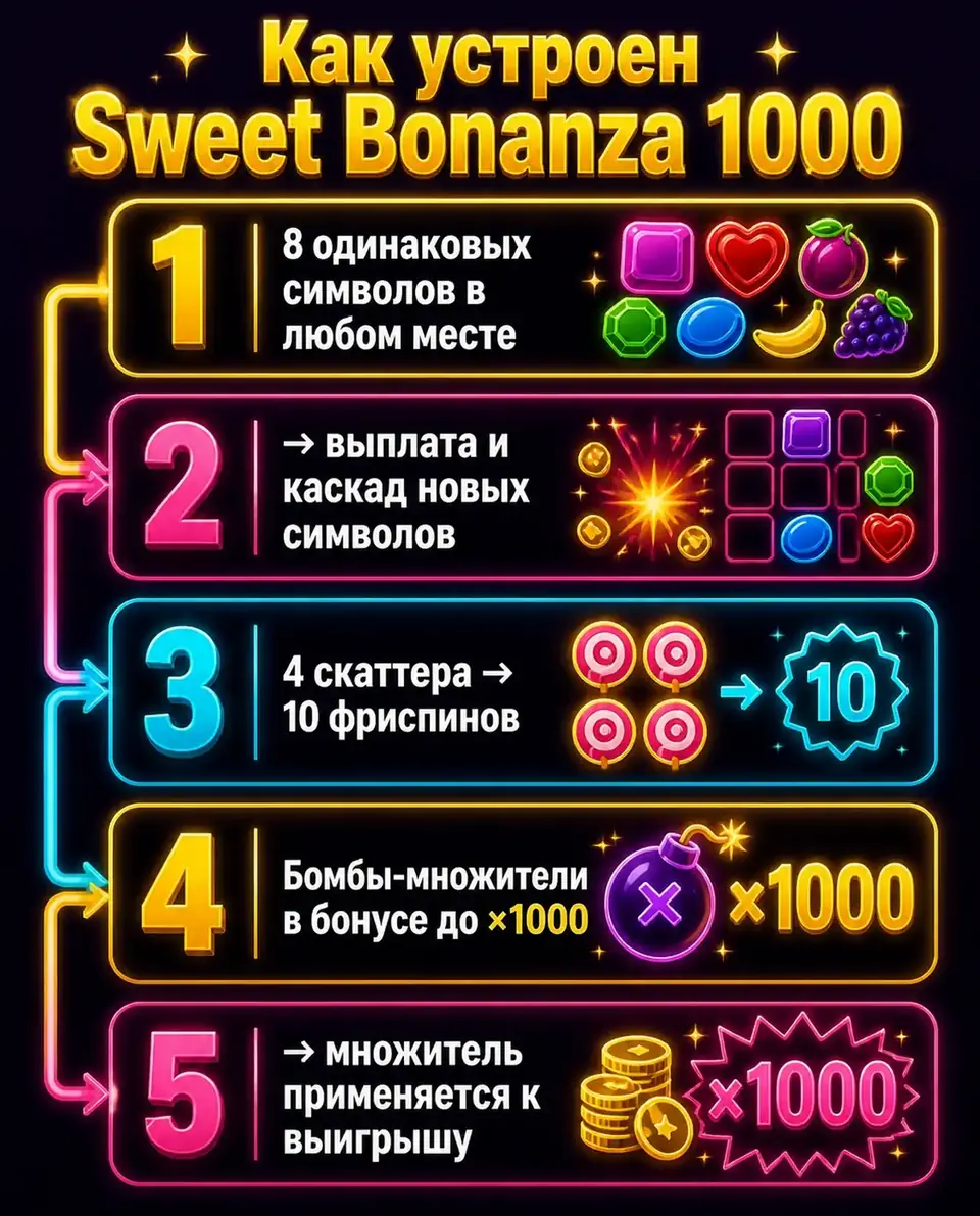 Схема механики Sweet Bonanza 1000: каскады, фриспины и бомбы-множители