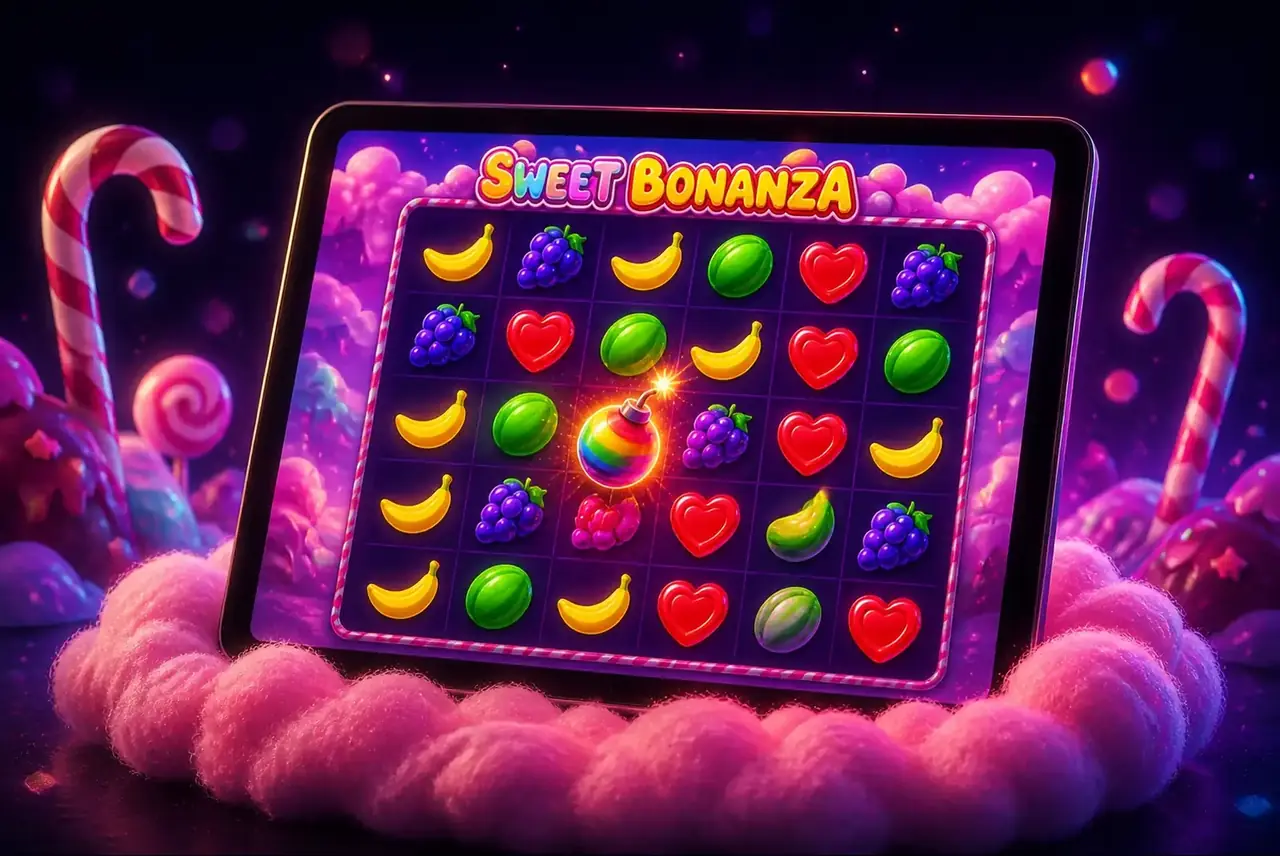 Планшет с демо Sweet Bonanza среди облаков из сахарной ваты