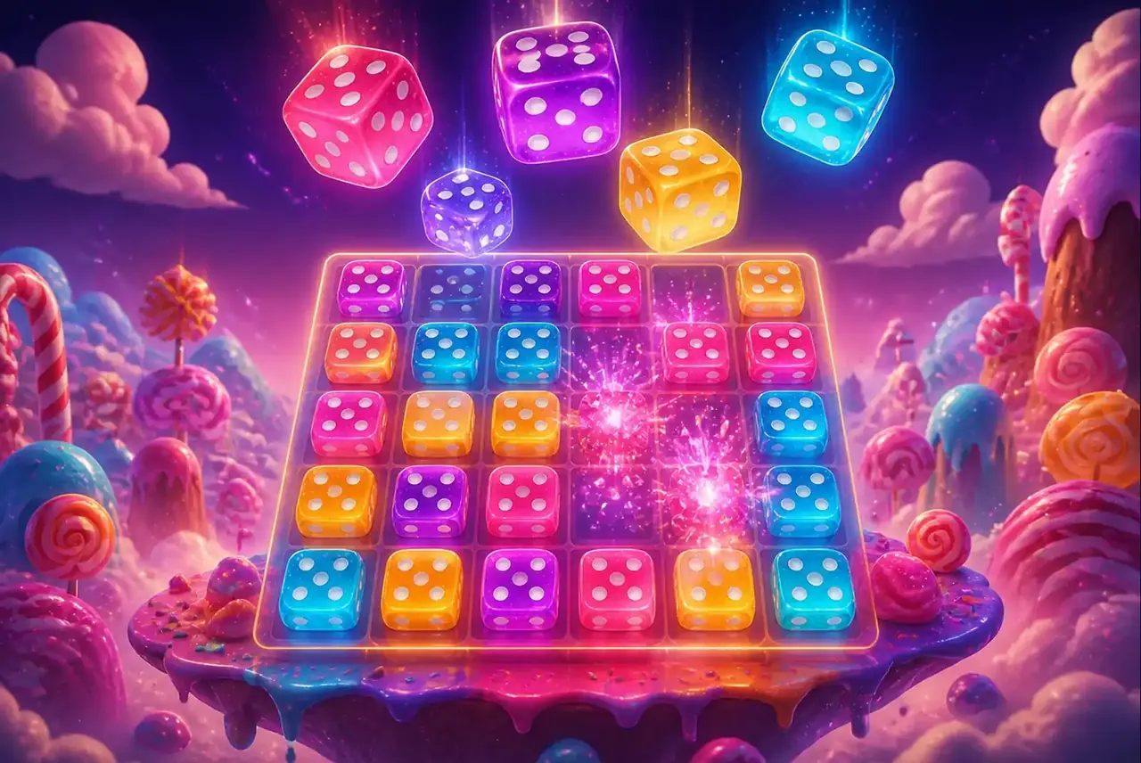 Сладкий пейзаж Sweet Bonanza Dice с падающими цветными кубиками